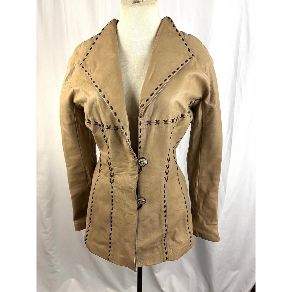 Michelle Julene Couture Leather Jacket Tan Western Whipstitch Fitted Vintage S